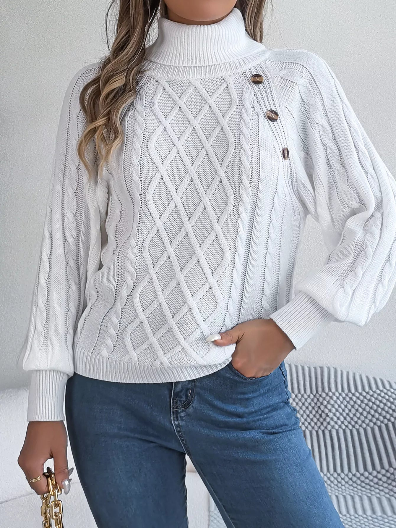 Cable Knit Turtleneck Long Sleeve Sweater OutfitFlow