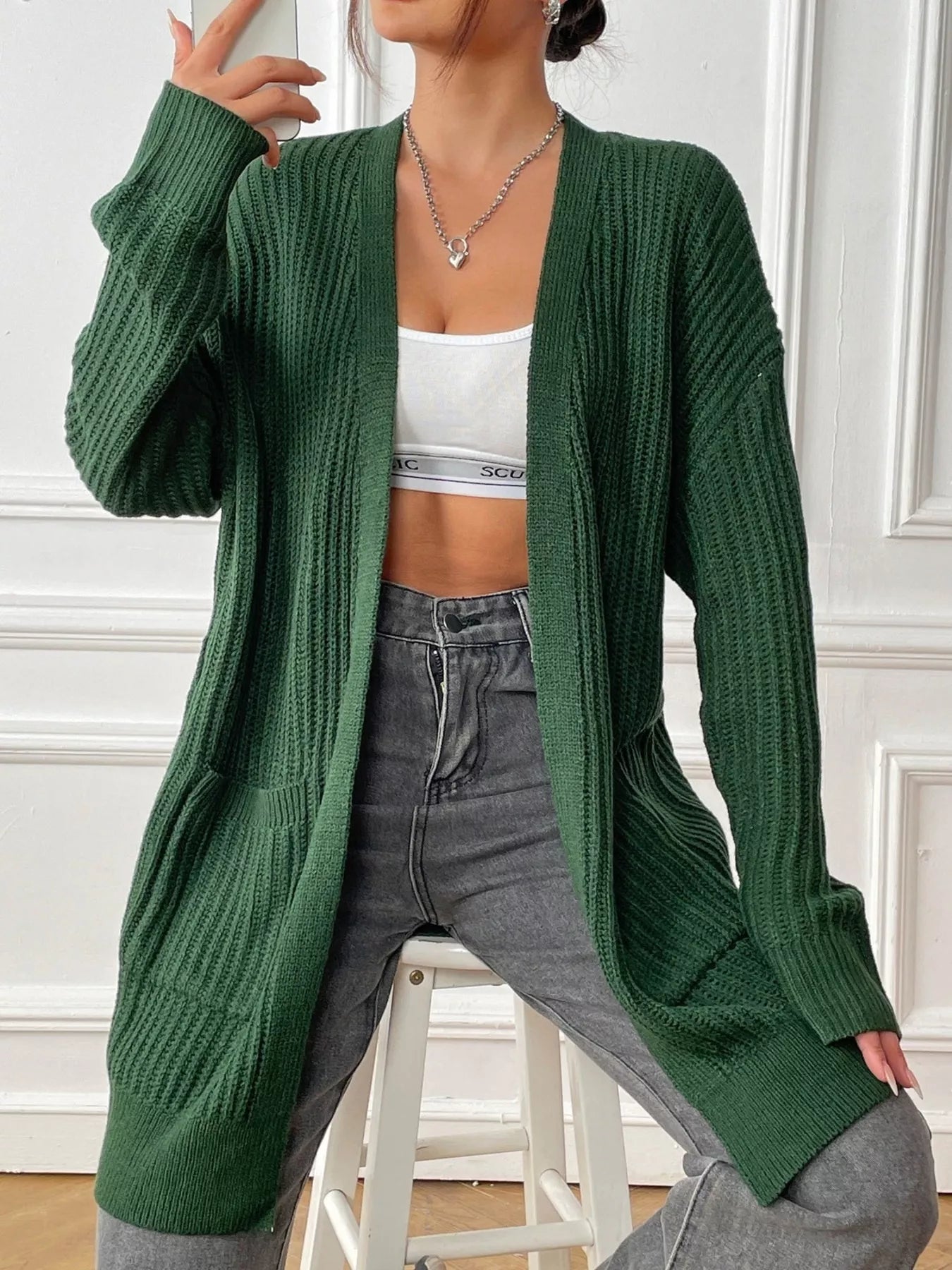 Open Front Drop Shoulder Cardigan Dark Green One Size OutfitFlow