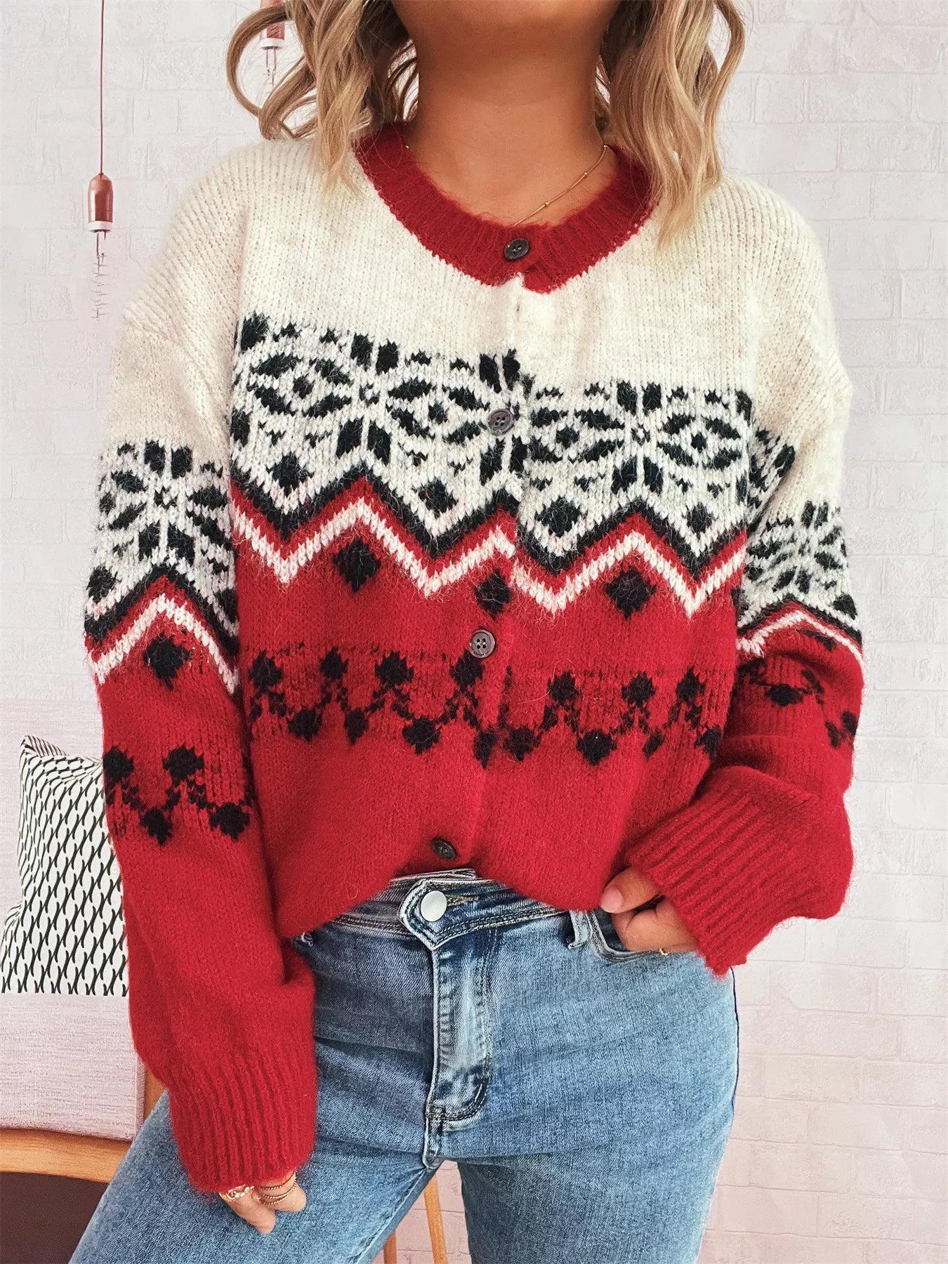 Christmas Button Up Drop Shoulder Cardigan OutfitFlow