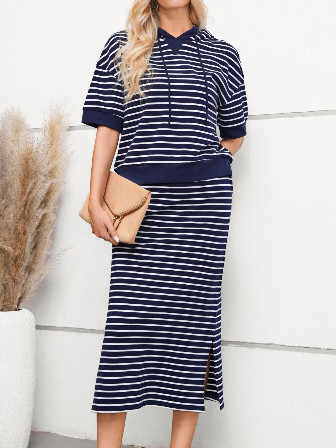 Outfit Flow - Drawstring Striped Short Sleeve Hooded Top and Skirt Set