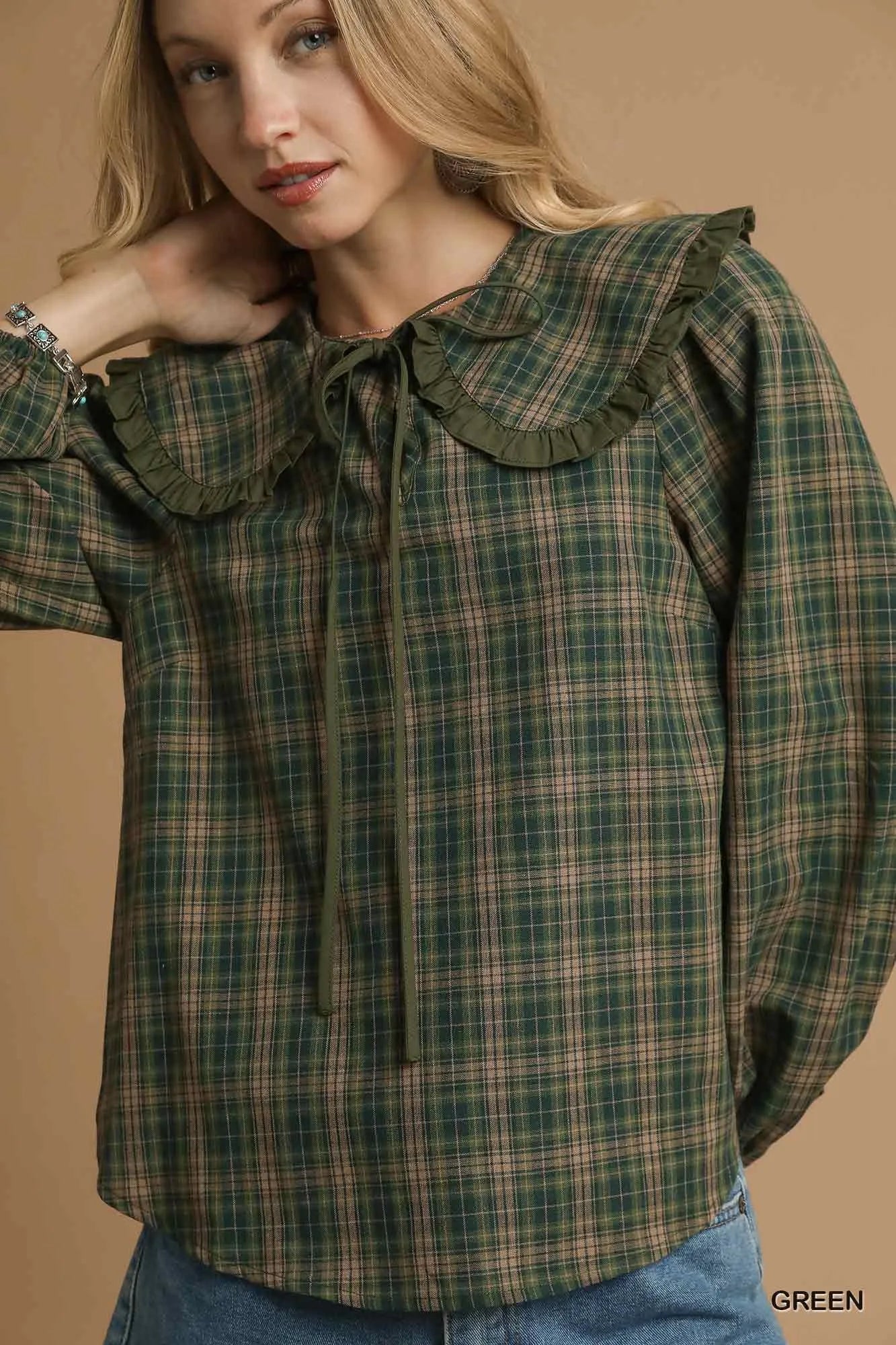 Umgee Full Size Plaid Ruffle Collar Blouse Plus Size Trendsi