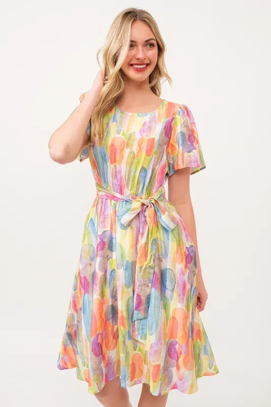 Lime 'N' Chili Watercolor Print Tie Front Midi Dress OutfitFlow