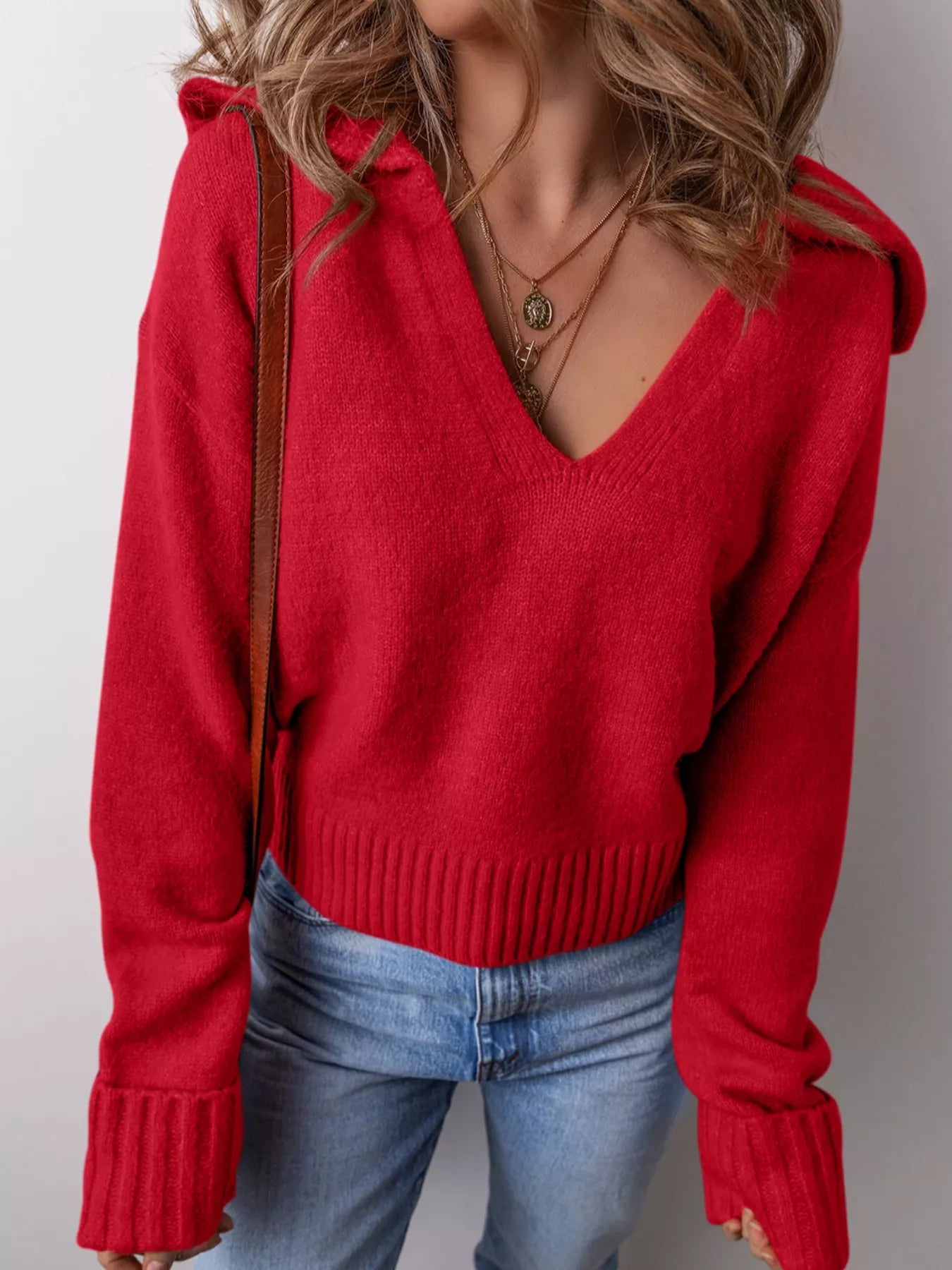 Collared V Neck Ribbed Edge Sweater Deep Red OutfitFlow