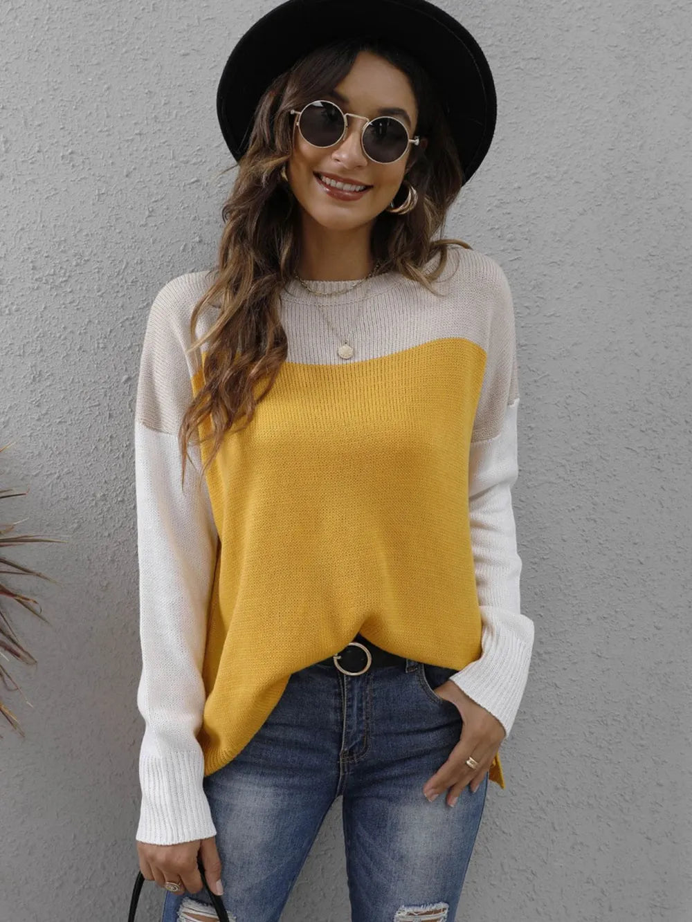 Color Block Round Neck Sweater OutfitFlow