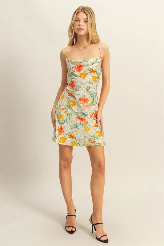 HYFVE Floral Cowl Neck Flirty Satin Mini Dress OutfitFlow