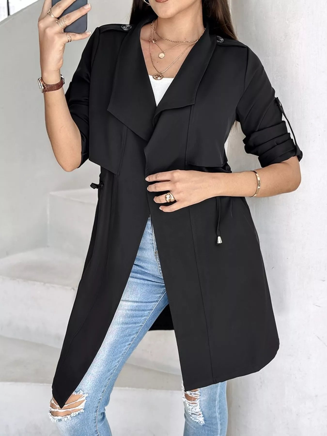 Drape Collar Lightweight Trench Coat OutfitFlow