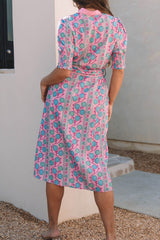 Printed Shirred Sleeve Buttoned Front Midi Dress with Sash OutfitFlow