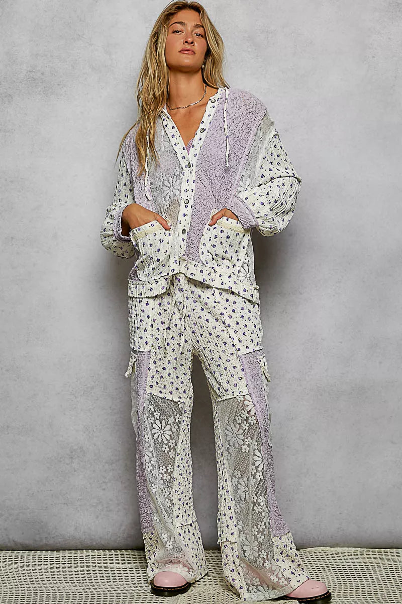 POL Floral Balloon Sleeve Hooded Lace Jacket with Stitch Detail OutfitFlow