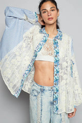 POL Lace Long Sleeve Shirt with Floral and Striped Pattern OutfitFlow