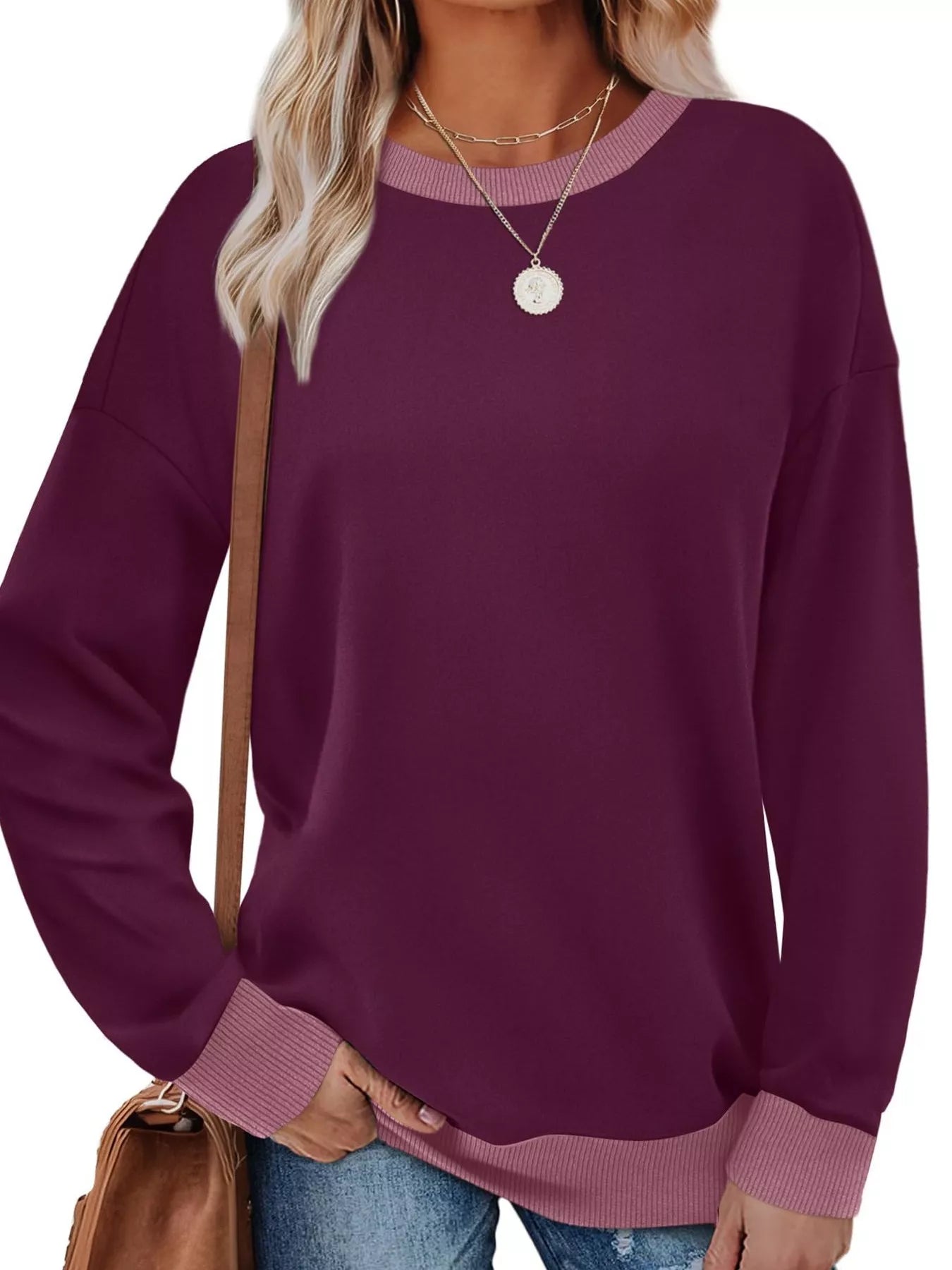 Contrast Trim Crew Neck Casual Sweatshirt Purple OutfitFlow