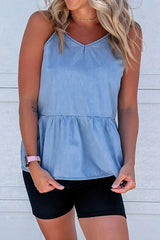 Ruffled Spaghetti Straps Denim Tank Top OutfitFlow