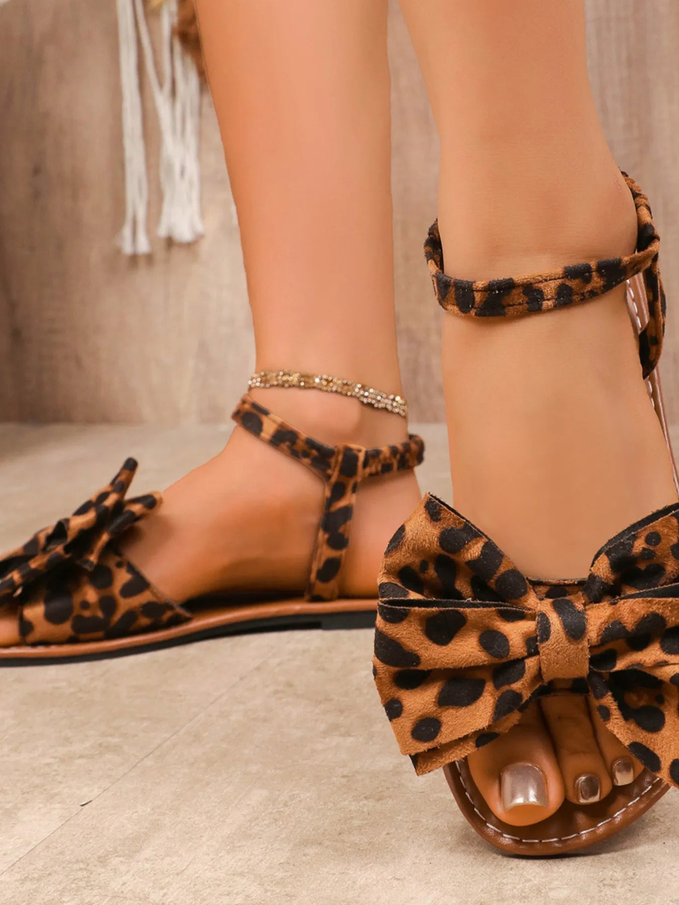 Leopard Print Bow Ankle Strap Flat Sandals OutfitFlow