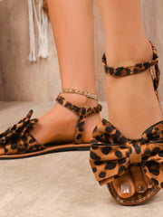 Leopard Print Bow Ankle Strap Flat Sandals OutfitFlow