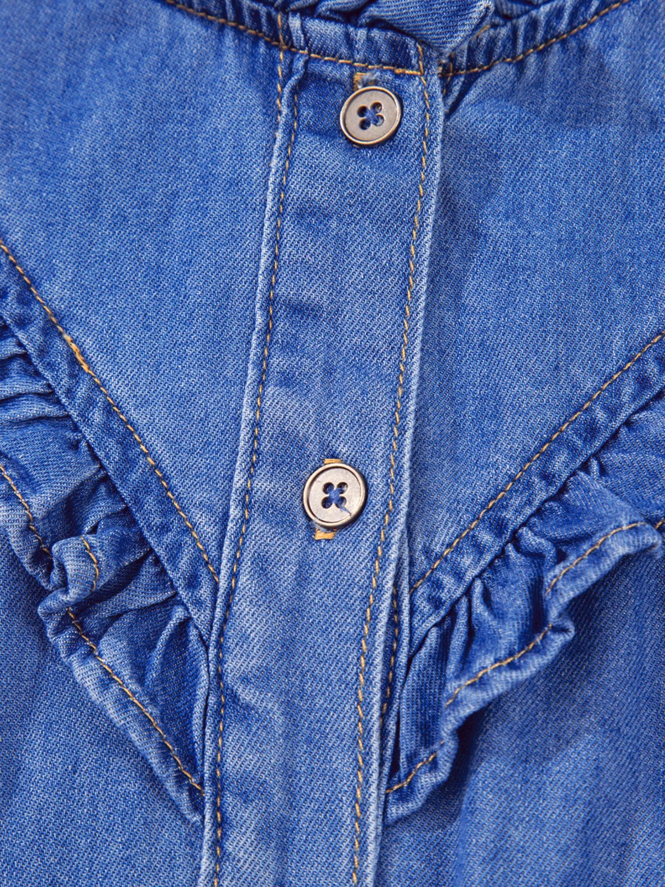 Mineral Wash Cap Sleeve Frilled Button Up Denim Shirt OutfitFlow