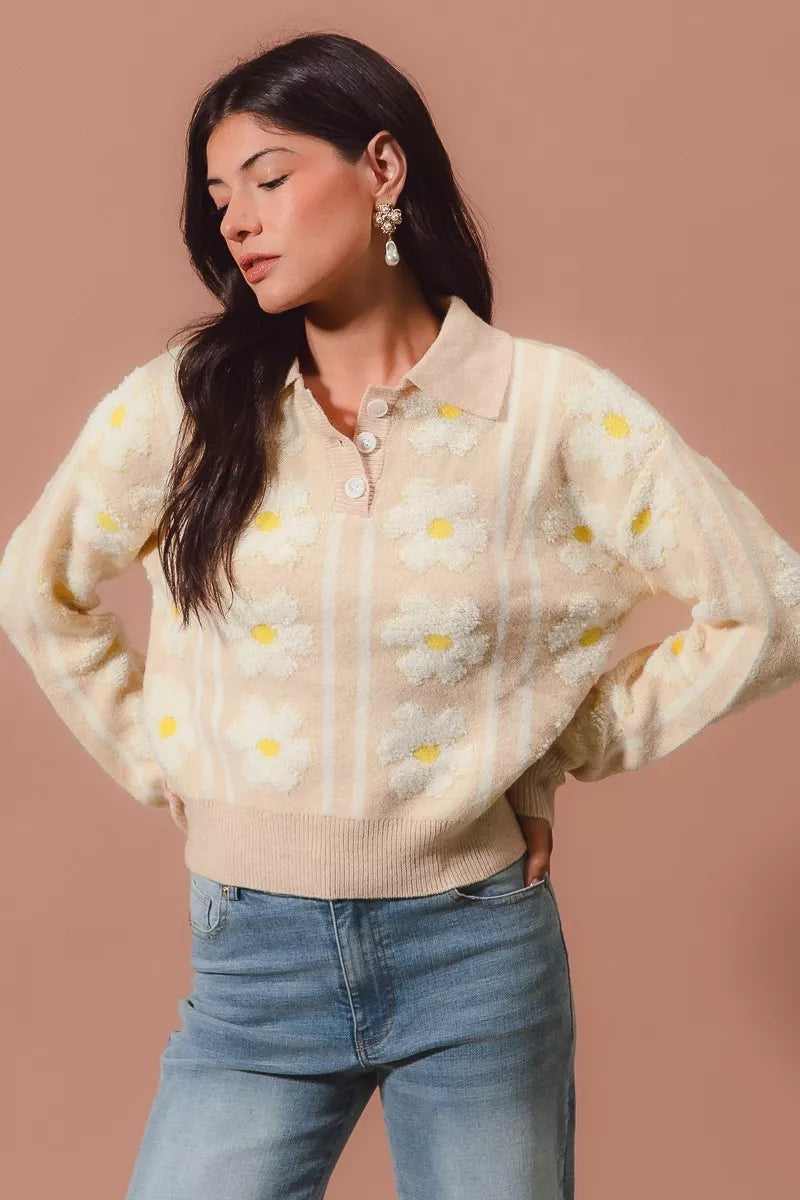 SO ME Floral Stripe Polo Collar Sweater OutfitFlow
