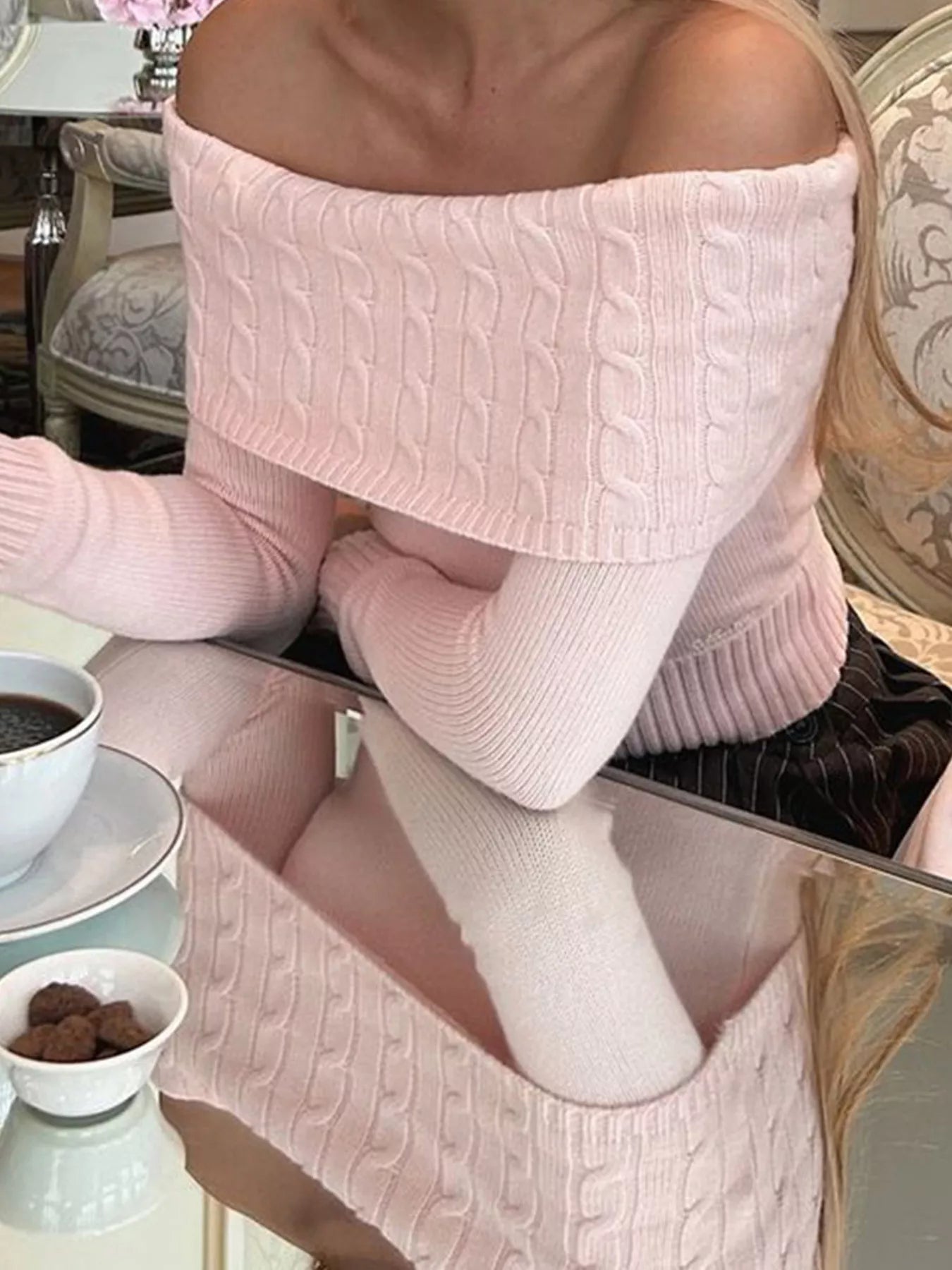 Off-Shoulder Cable Knit Sweater OutfitFlow