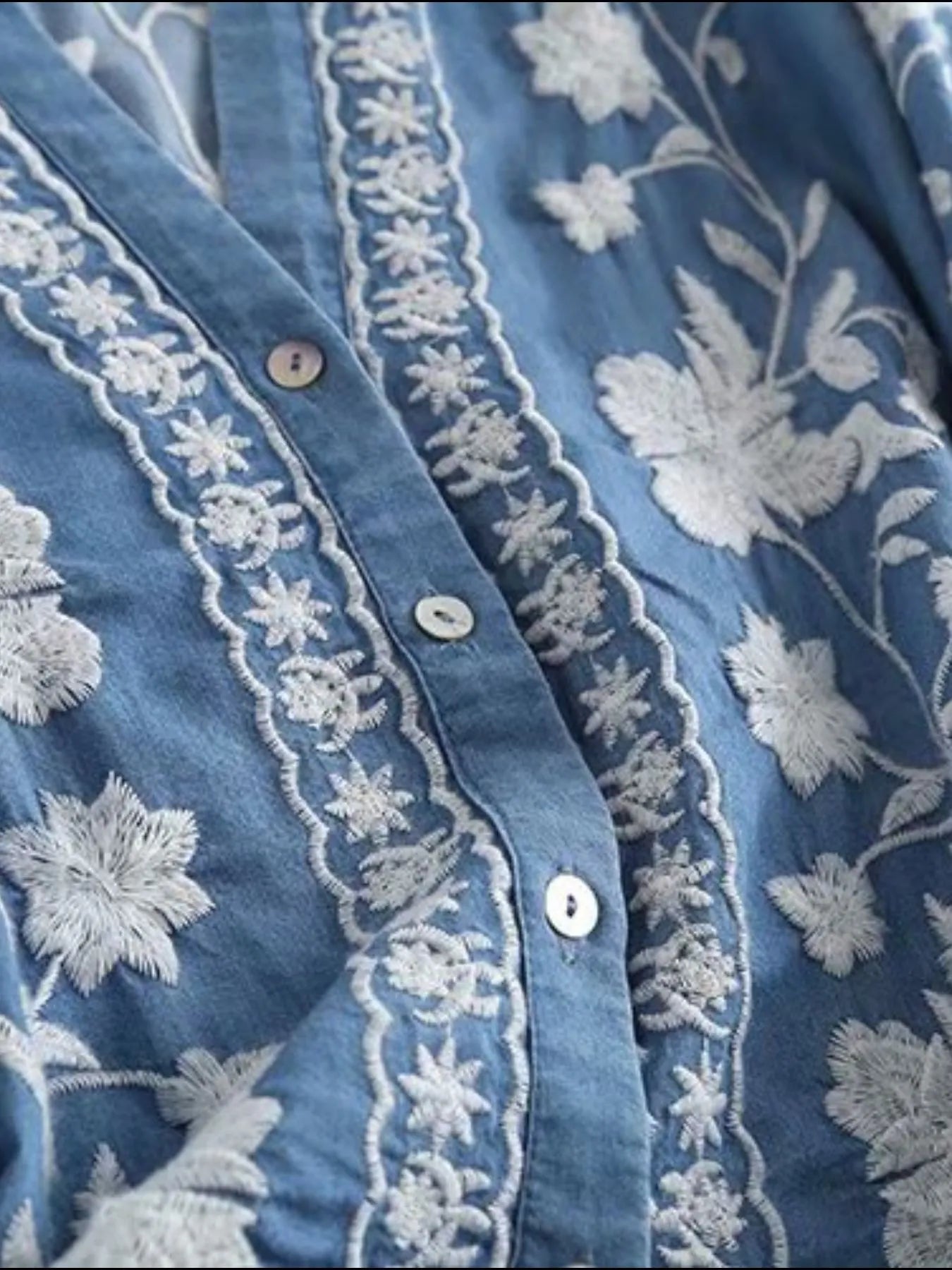 Floral Embroidered Button Up Denim Shirt OutfitFlow