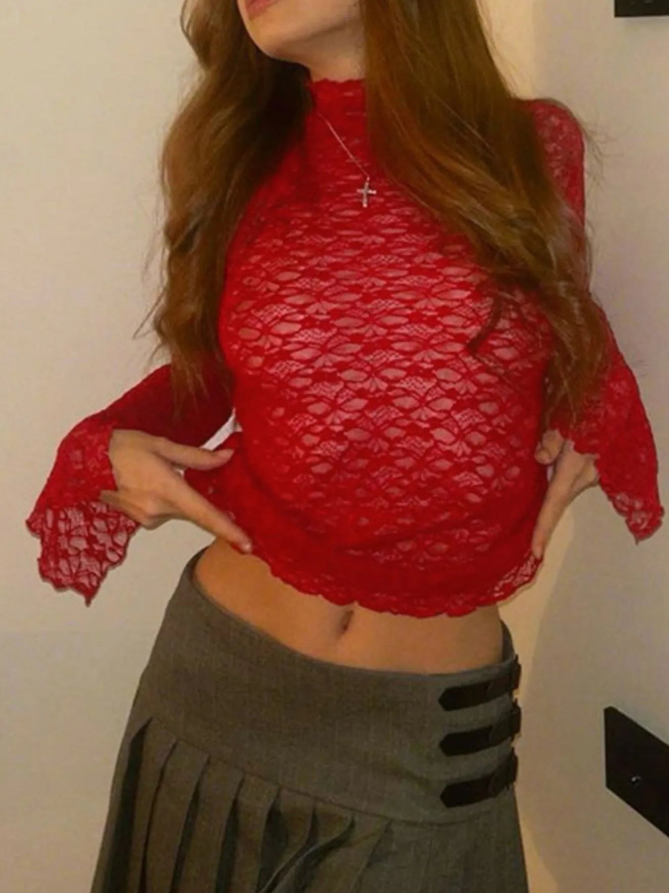Mock Neck Lace Long Sleeve Mesh T-Shirt OutfitFlow