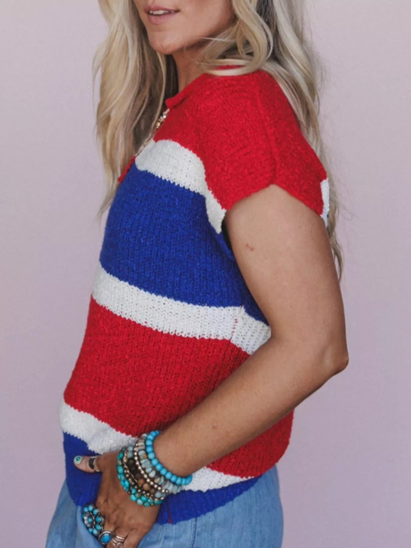 Striped Notched Short Sleeve Sweater OutfitFlow