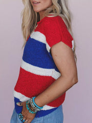 Striped Notched Short Sleeve Sweater OutfitFlow