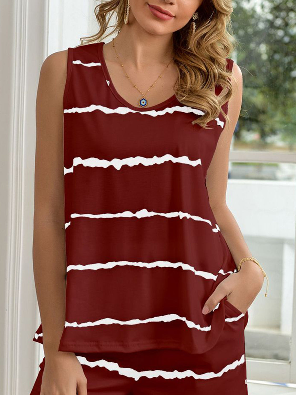 Outfit Flow - Striped Round Neck Tank and Shorts Lounge Set