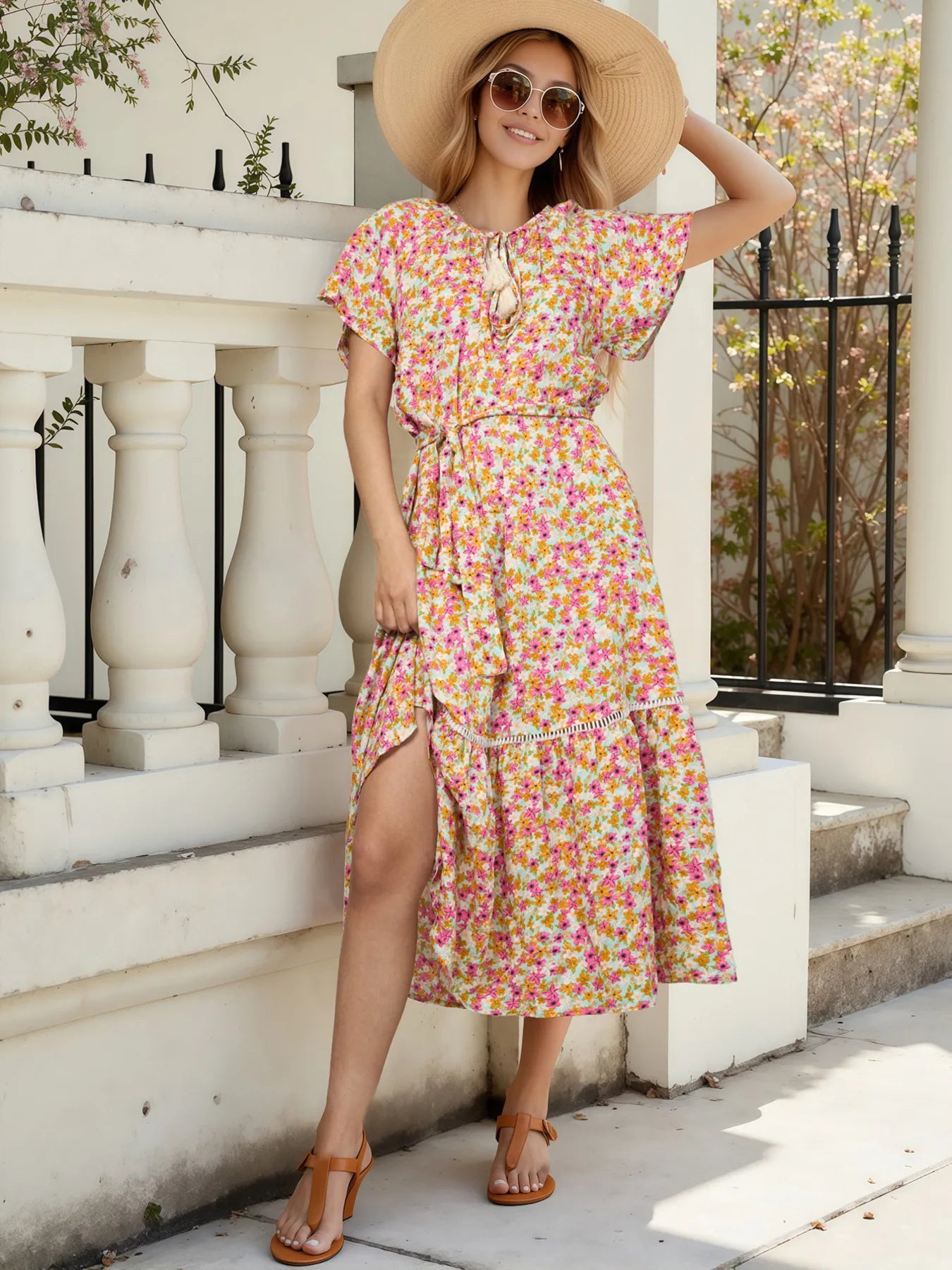 Floral Print Ruffle Hem Midi Dress OutfitFlow
