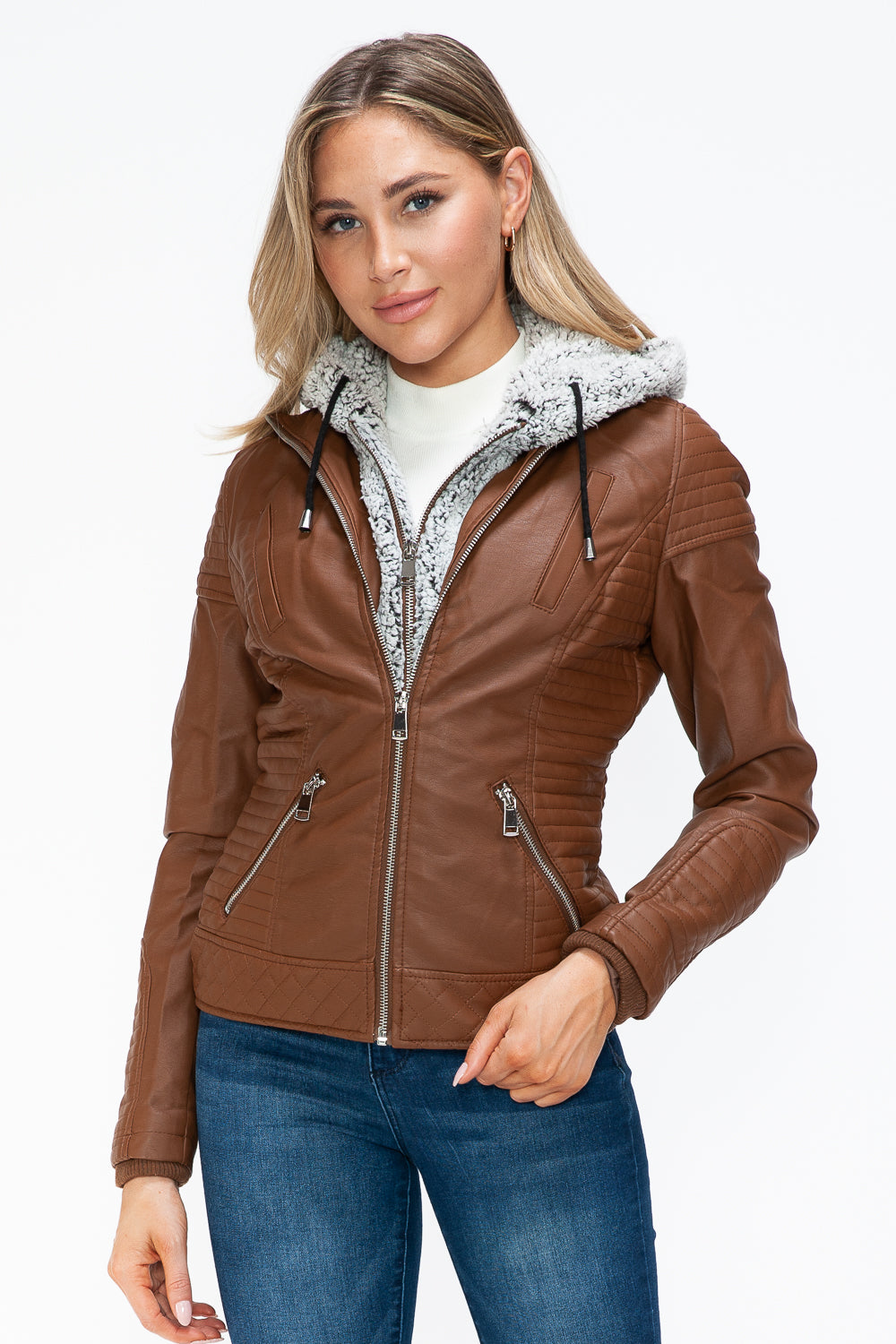 Outfit Flow - YMI Faux Layered Double-Zipper Jacket with Fuzzy Hood