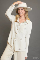 Umgee Linen Blend Fitted Shirt with Ribbon Embroidery Details OATMEAL Trendsi