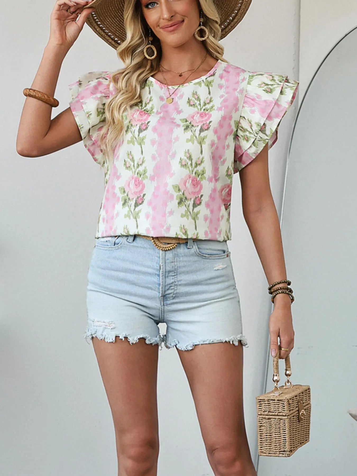 Floral Print Ruffled Sleeve Blouse OutfitFlow