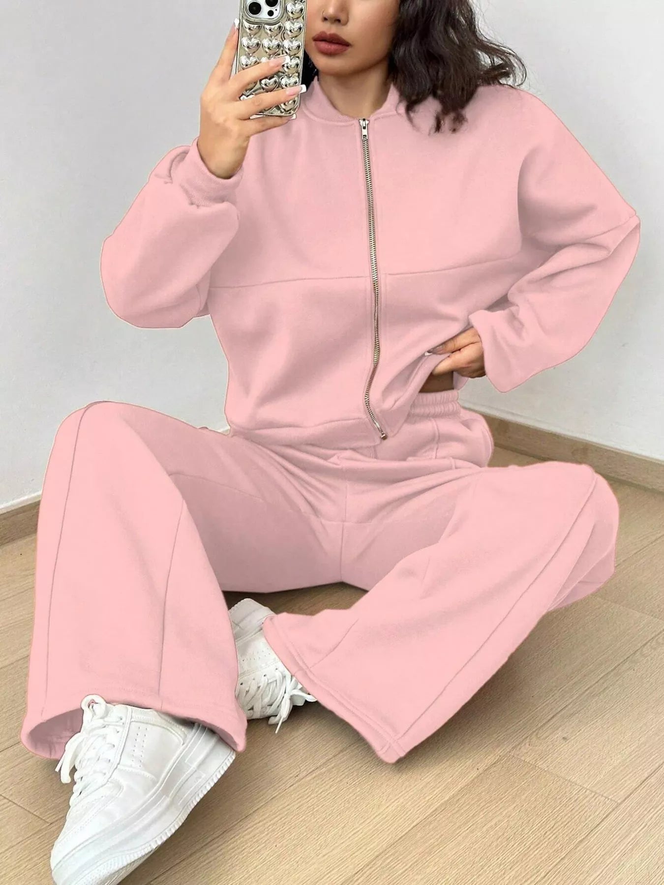 Casual Solid Color Zipper Jacket and Wide Leg Pants Set Pink OutfitFlow