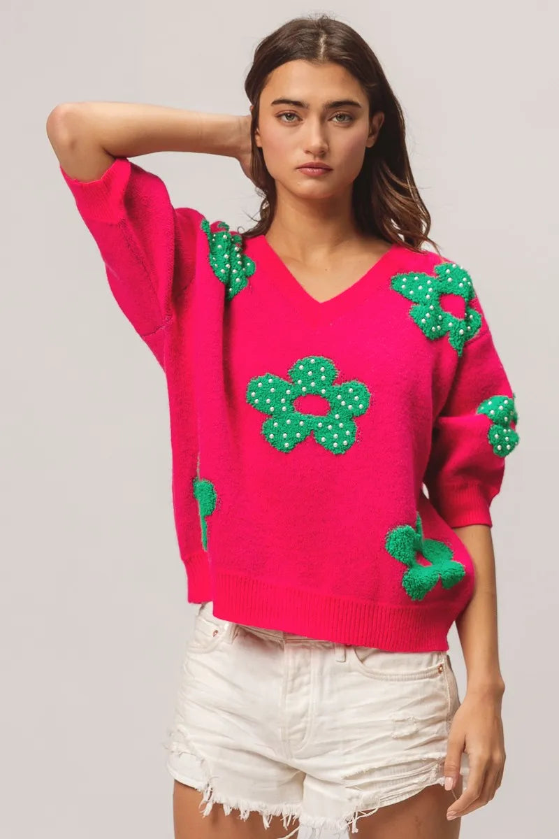 BiBi Pearl Beads Flowers Sweater Top OutfitFlow