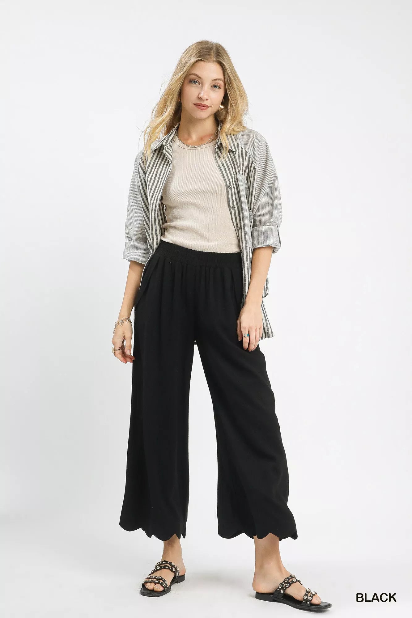 Umgee Linen Blend Scallop Hem Wide Leg Pants OutfitFlow