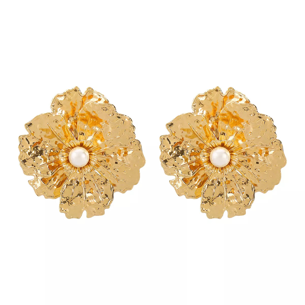 Gold Textured Flower Pearl Center Statement Earrings OutfitFlow