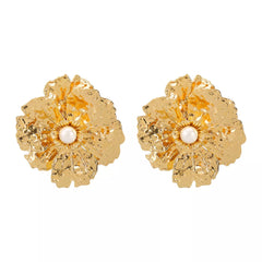 Gold Textured Flower Pearl Center Statement Earrings OutfitFlow