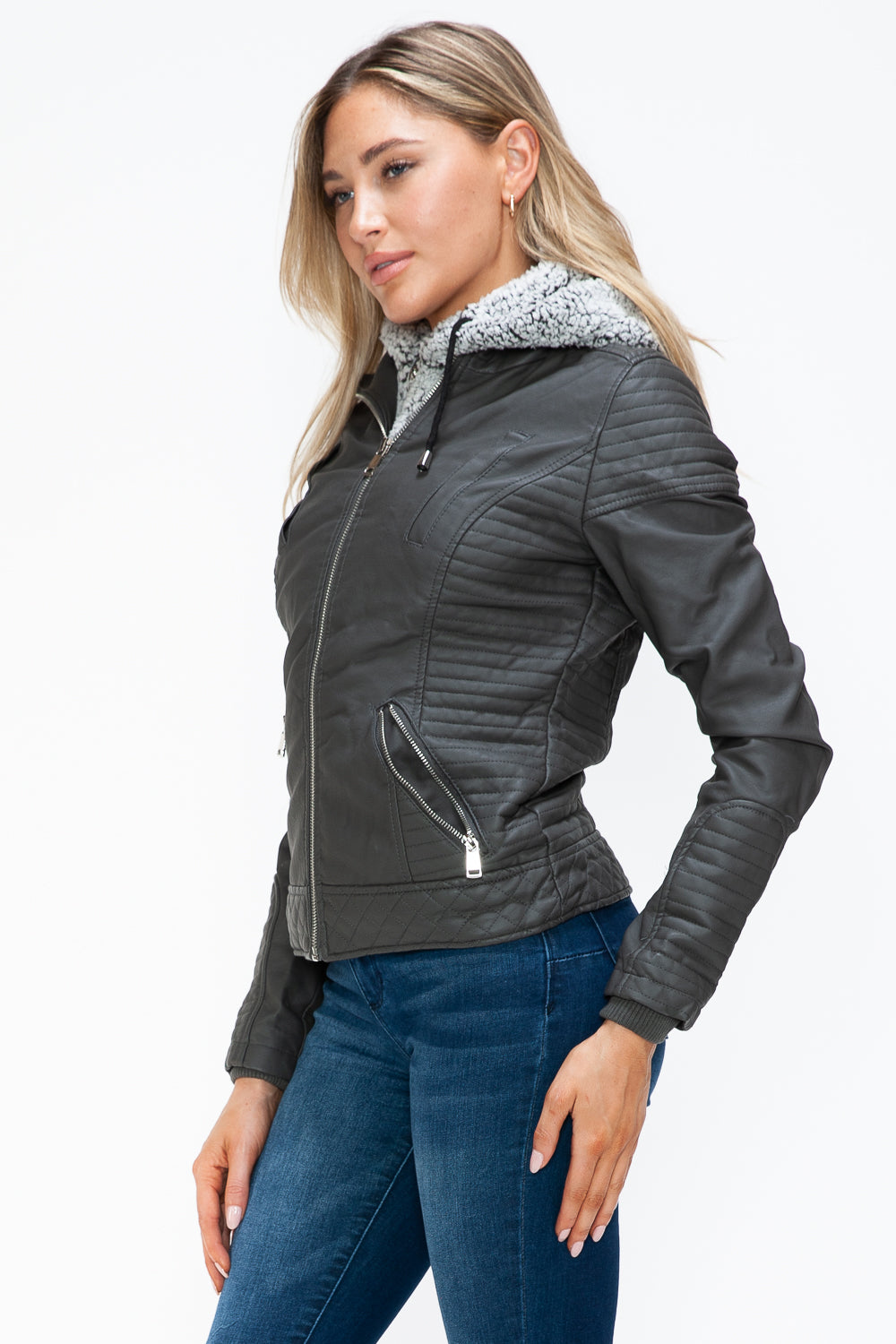 Outfit Flow - YMI Faux Layered Double-Zipper Jacket with Fuzzy Hood