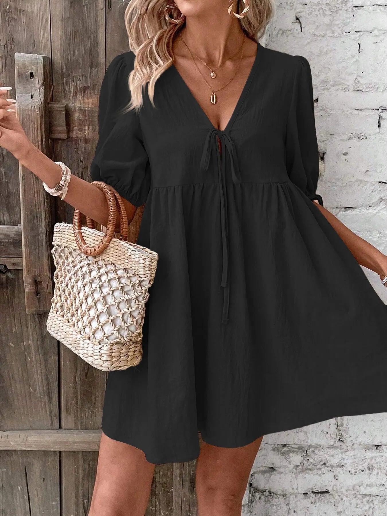 V-Neck Tie-Front Mini Dress with Puff Sleeves Black OutfitFlow