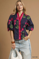 Umgee Floral Print Ruffle Trim Puff Sleeve Blouse Trendsi