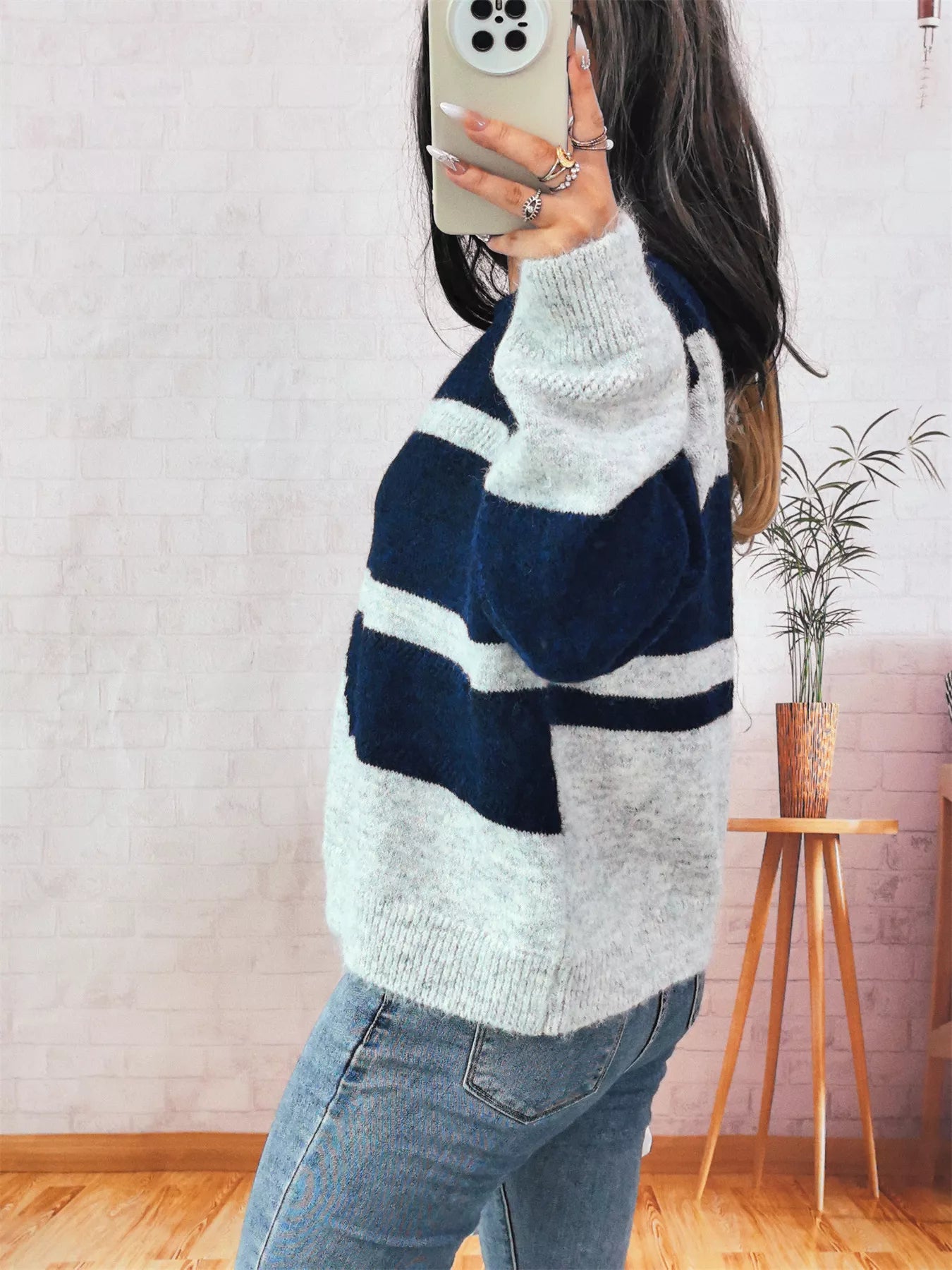 Color Block Round Neck Sweater OutfitFlow