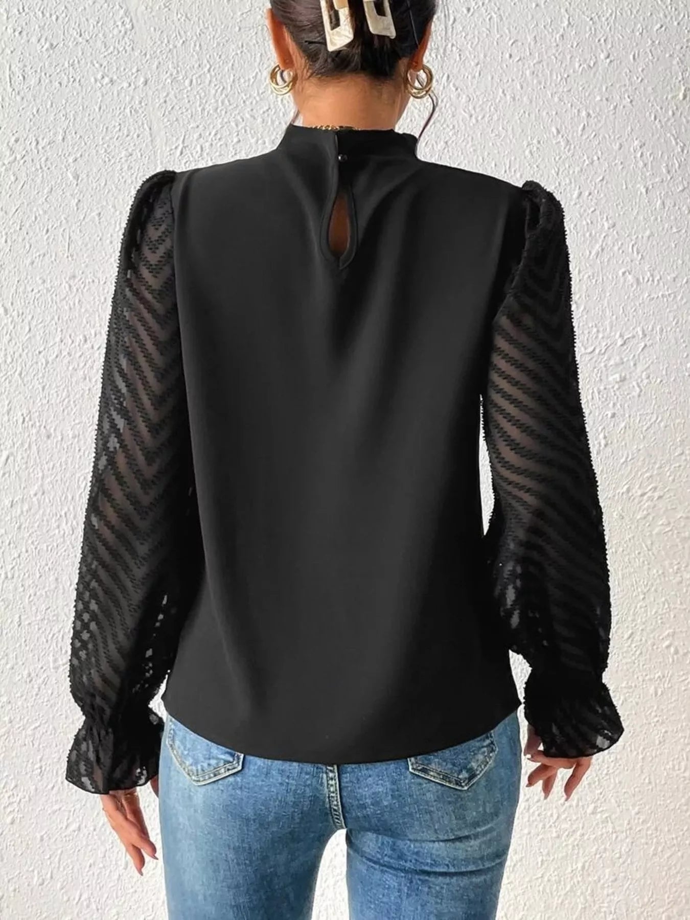 Mock Neck Sheer Lace Sleeve Blouse OutfitFlow