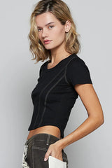 POL Contrast Stitching Round Neck Crop T-Shirt OutfitFlow