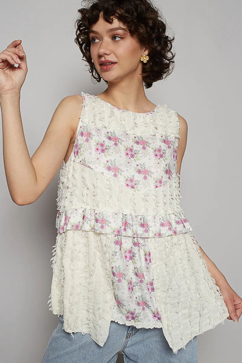 POL Floral Textured Round Neck Sleeveless Top OutfitFlow