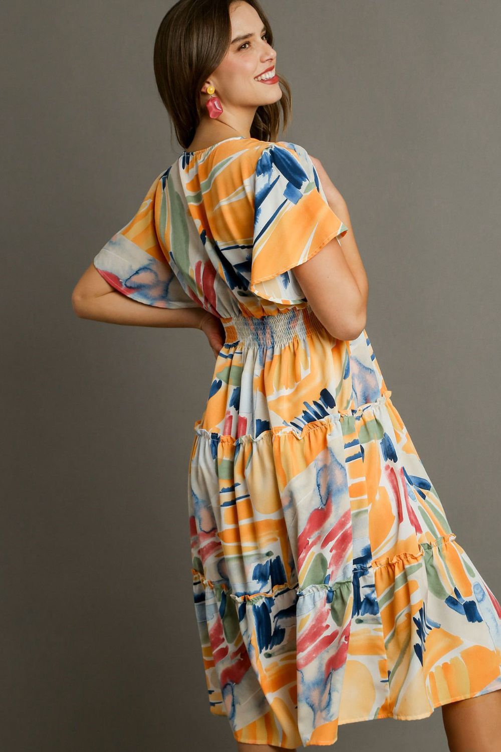 Umgee Full Size Abstract Print Flutter Sleeve Frill Tiered Midi Dress Plus Size OutfitFlow