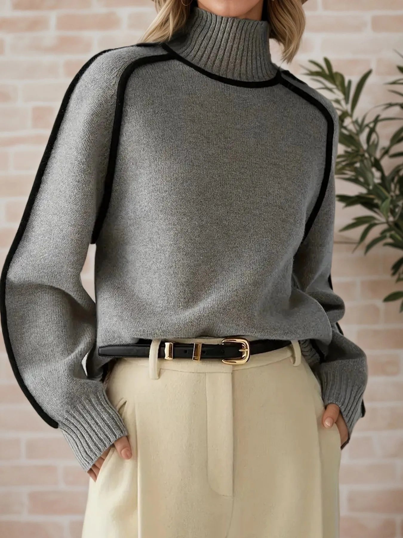 Contrast Trim Turtleneck Sweater OutfitFlow