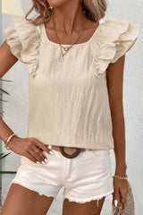 Bow Back Ruffled Cap Sleeve Blouse OutfitFlow