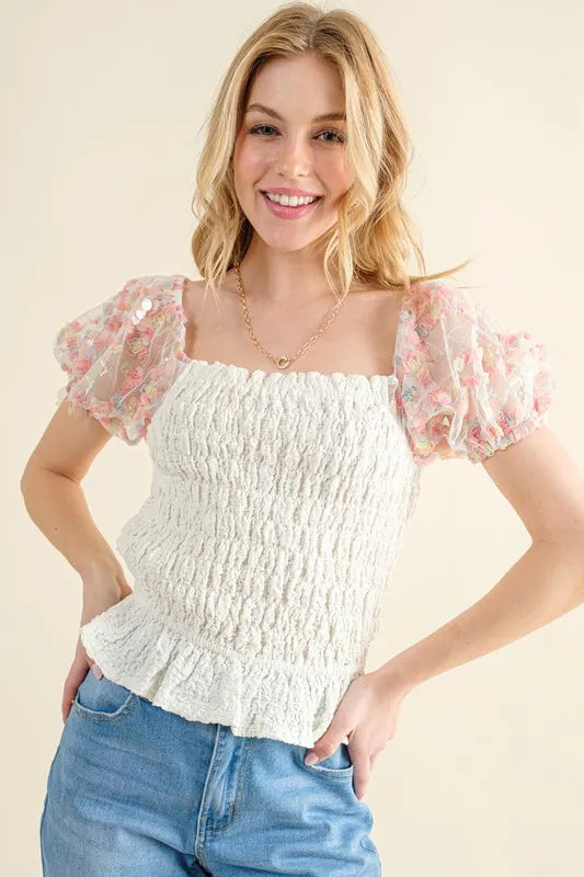And The Why Embellishment Sleeve Smocked Top OutfitFlow