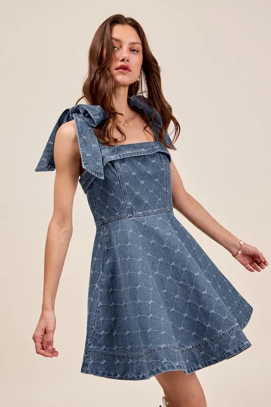 SO ME A Line Fit and Flare Diamond Bow Ribbon Denim Dres OutfitFlow
