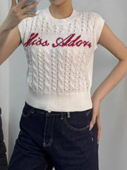 Cable Knit Round Neck Sweater Vest White OutfitFlow