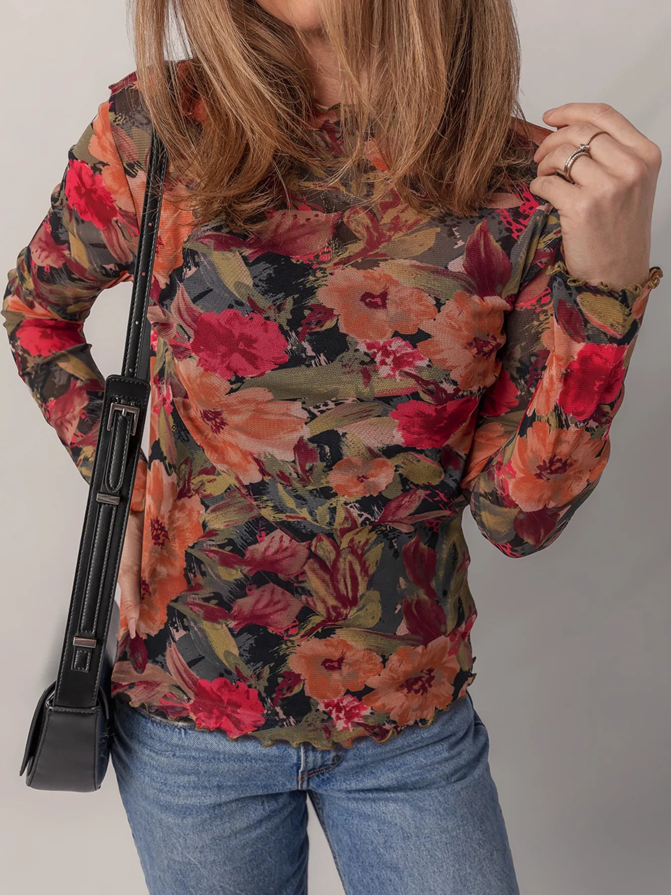 Multicolour Floral Print Lettuce Trim Long Sleeve Mesh Top OutfitFlow