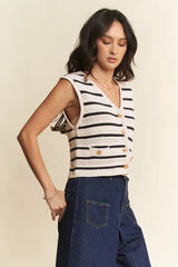 Davi & Dani Sleeveless Cropped Striped Sweater Knit Vest Top OutfitFlow