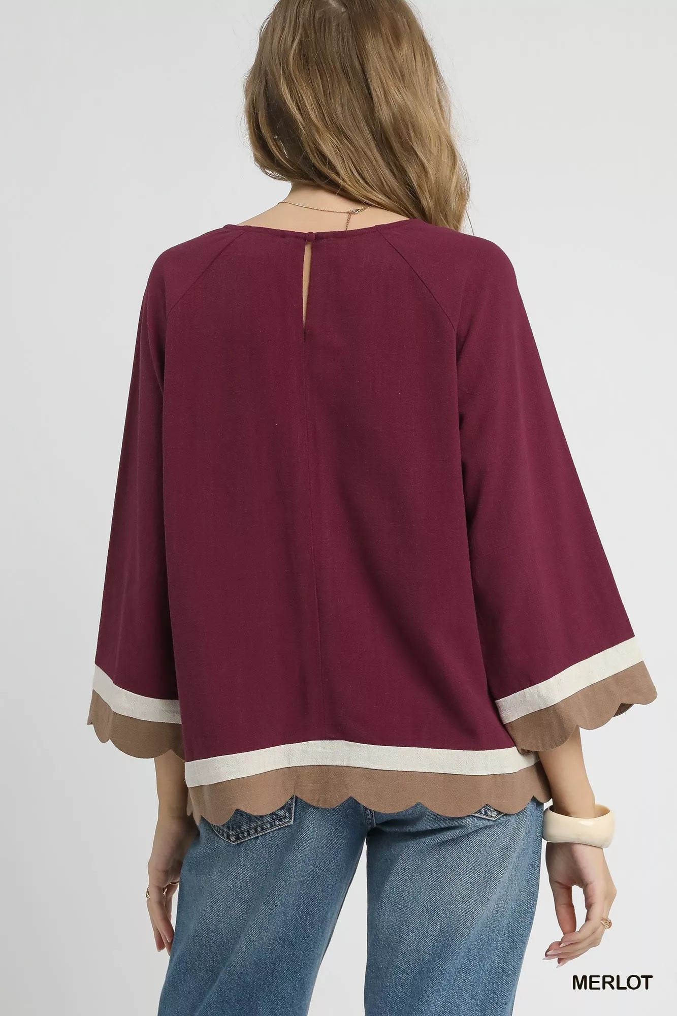 Umgee Scalloped Hem Color Block Top OutfitFlow